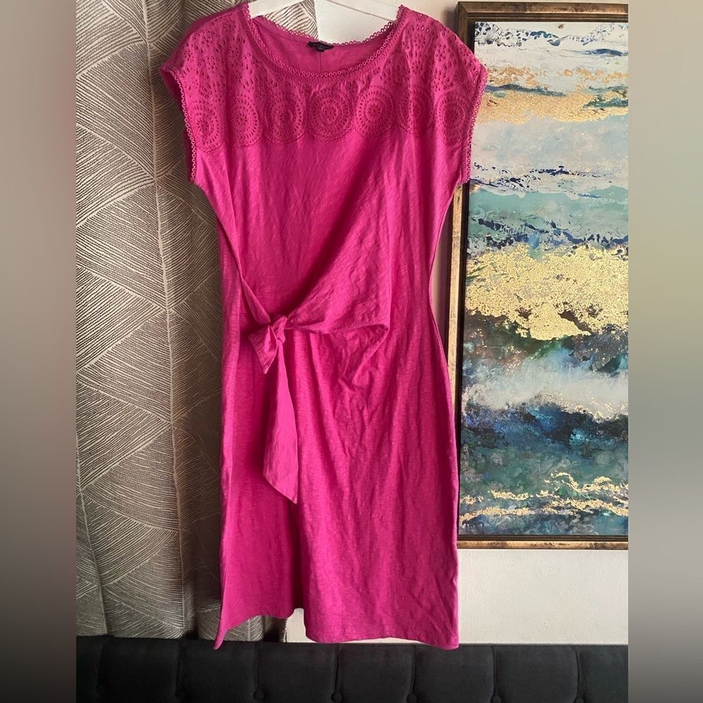 NEW Talbots Dress Womens Medium Hot Pink  Jersey Embroidered Casual Bohemian